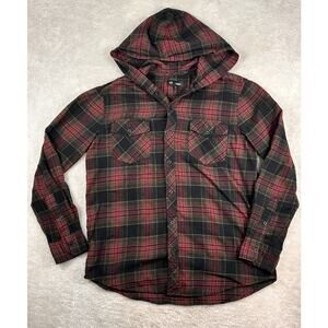 Chomp Jacket Shirt Mens Sz L Red Black Plaid Hooded Flannel Button Up Lumberjack